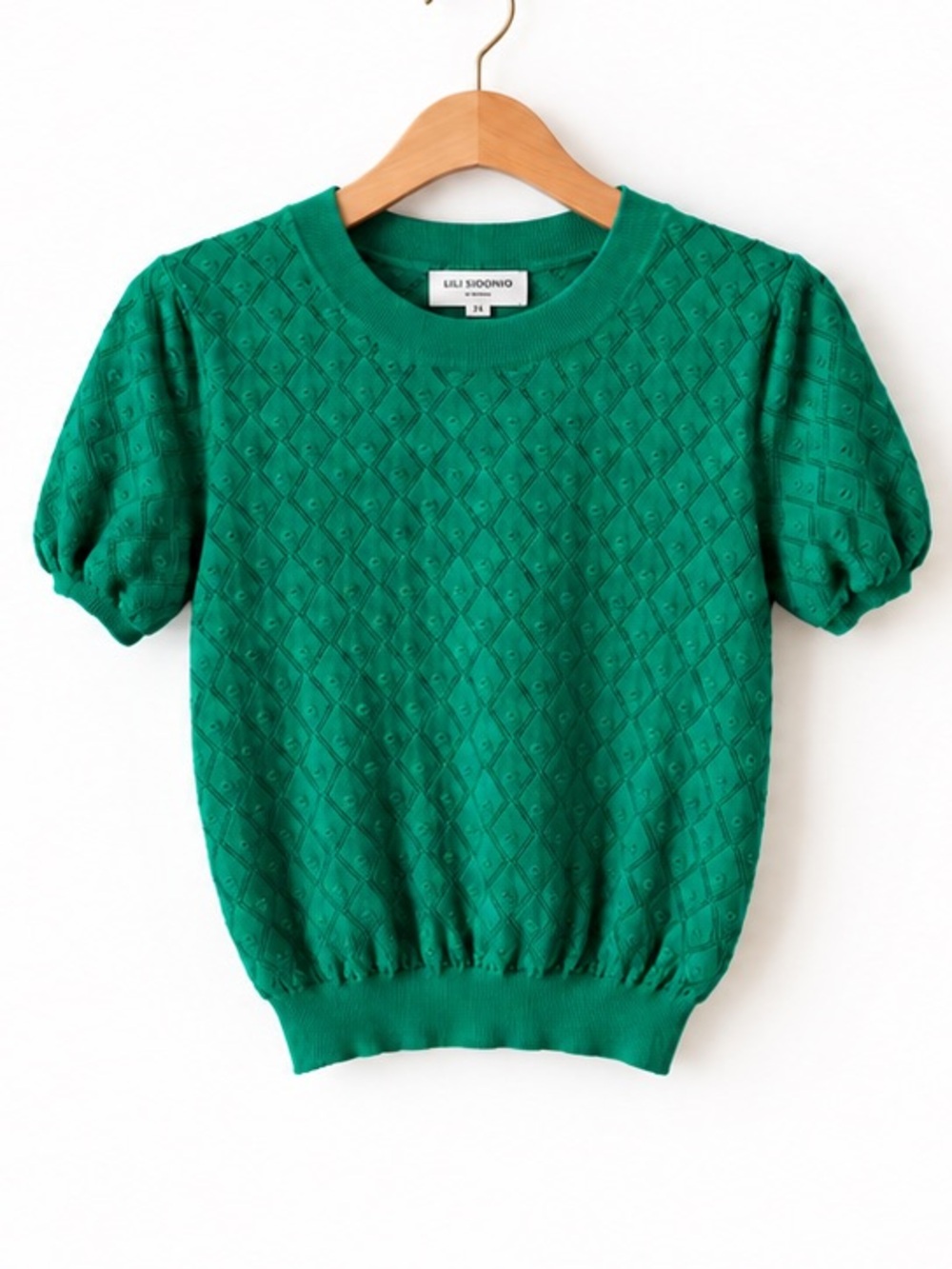 Lili Sidonio Emerald Green Pointelle Knit Puff Short Sleeve Crewneck Sweater
